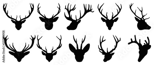 Set of antlers vector illustration. Collection of black deer antlers and horns silhouette isolated on white background. Design suitable for sticker, card, comic, print, poster, logo, decoration.