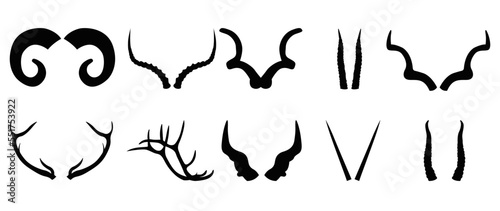 Set of antlers vector illustration. Collection of black deer antlers and horns silhouette isolated on white background. Design suitable for sticker, card, comic, print, poster, logo, decoration.