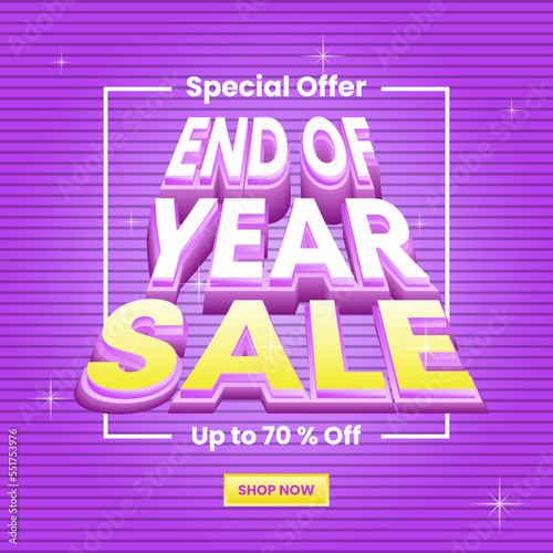 sale promotion for end of year design. 3d text effect, puple background, stripes pattern concept. use for banner, poster, brochure, advert, marketing, ads