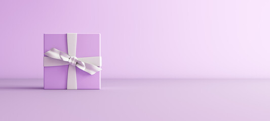 Mock-up poster, lavander color gift box with white bow on light purple background, 3D Render, 3D Illustration.