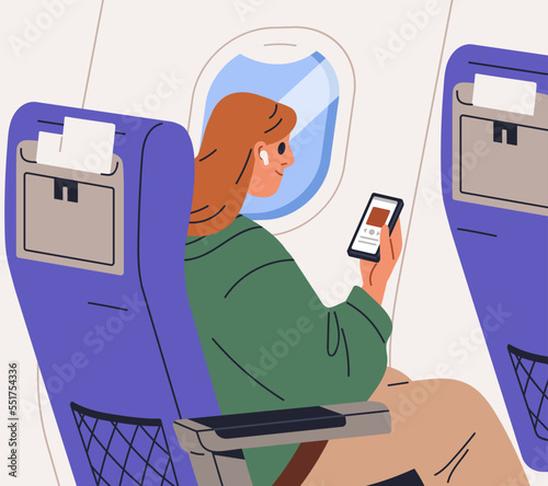 Air passenger listening to music in earphones during flight. Woman tourist sitting in airplane seat with mobile phone. Girl with smartphone by porthole in plane, aircraft. Flat vector illustration
