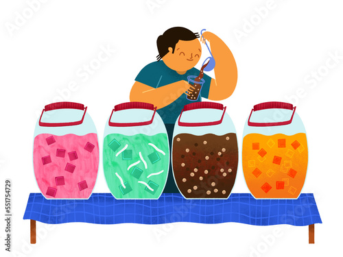 Filipino samalamig sweet chilled beverages in jars on table with male vendor