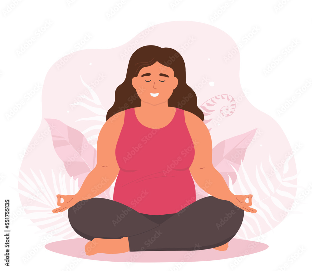 A full girl is sitting in the lotus position on a background of tropical leaves. An overweight woman does yoga, gym. The concept of body positivity, self-perception. Vector graphics. A full girl is sitting in the lotus position on a background of tropical leaves. An overweight woman does yoga, gym. The concept of body positivity, self-perception. Vector graphics.