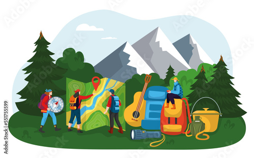 Tourist people tiny character travel together hike outdoor campsite, forest backpack trip flat vector illustration, isolated on white.