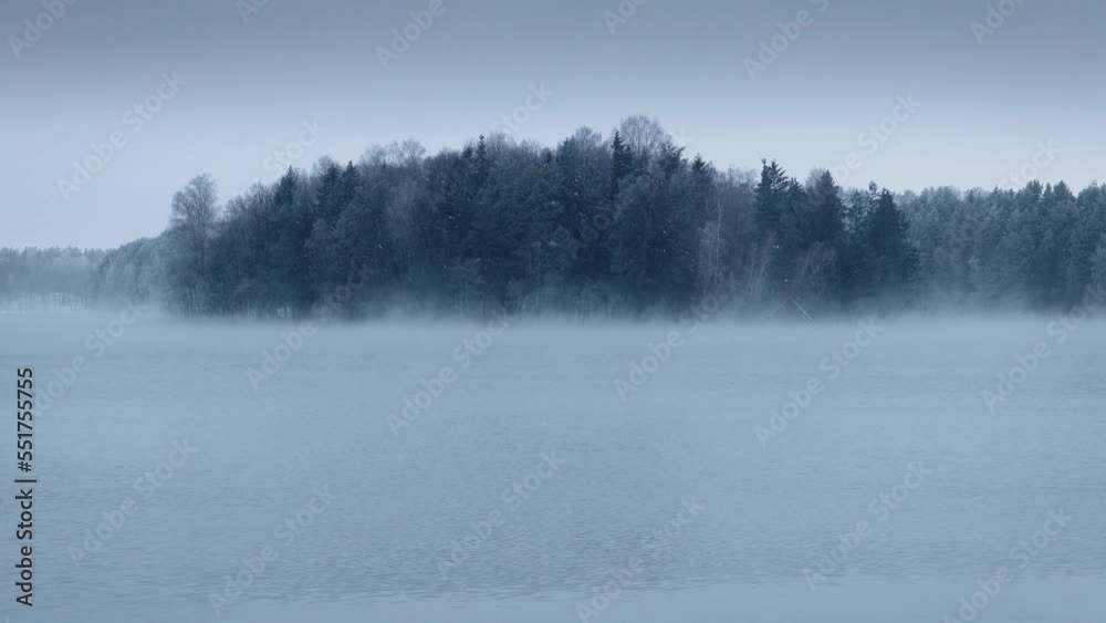 Frozen lake forest covered in fog. Misty winter woods Frozen lake forest covered in fog. Misty winter woods