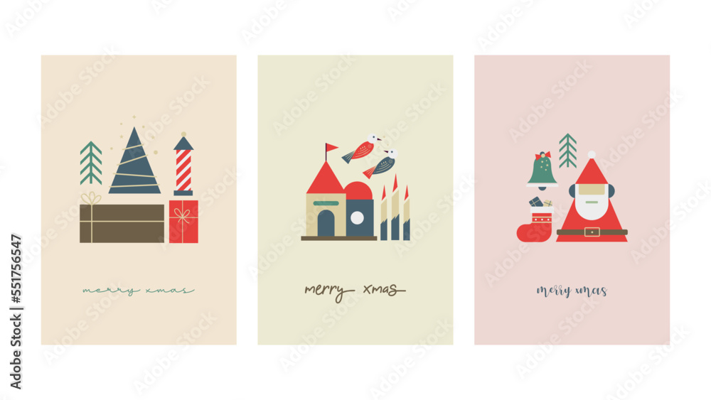 Set of Christmas greeting card poster template with flat geometric icon style concept