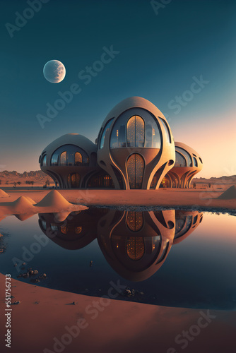 Futuristic architecture on alien planet, space expansion concept, cosmic colonisation 