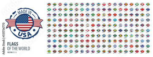 A set of vector icons with flags of countries and with the inscription made in