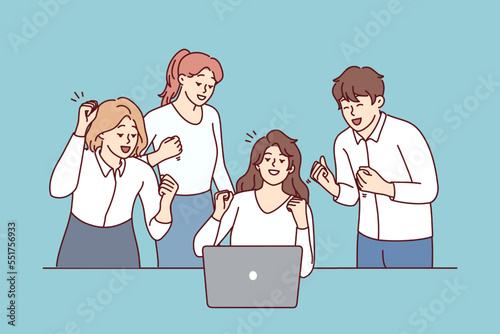 Successful women and man employees of startup rejoice and look at laptop screen. Young girl and guy make victory gesture after learning good news after video call in computer. Flat vector design 