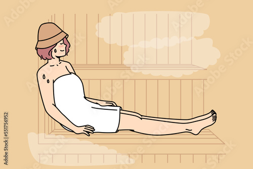 Woman in felt hat wrapped in body towel sits, sweating on bench in sauna. Girl relaxes, enjoys in bathhouse. Lady spends time at spa. Health recovering procedure. Vector outline colorful illustration.
