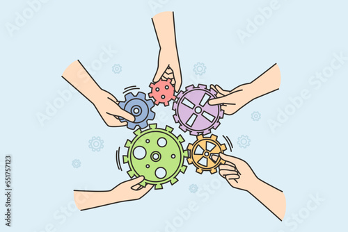 Hands of unrecognizable people hold gears in single design, construction. Teamwork, togetherness, support, brainstorm symbol, concept. Vector outline colorful illustration isolated on blue background.