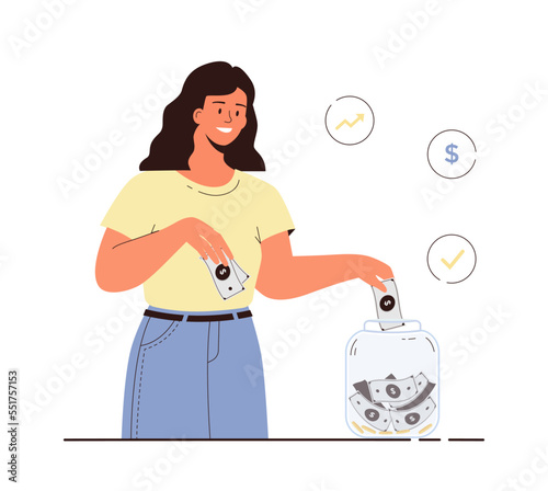 Money saving, investing, deposit growth. Personal finance management. Young woman putting money into money jar. Cartoon flat vector illustration.