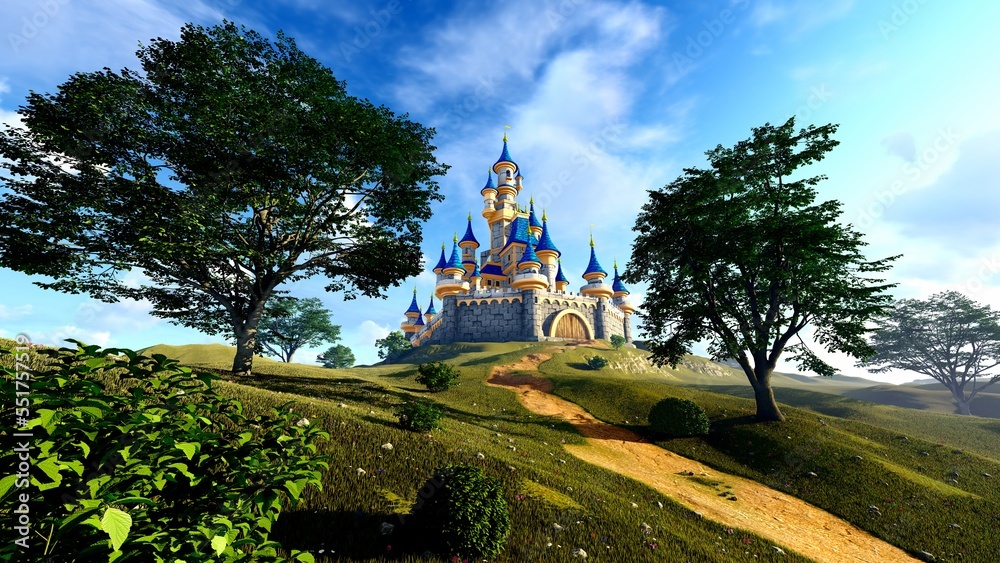 Naklejka premium Fairy tale castle on a high hill surrounded by tall trees