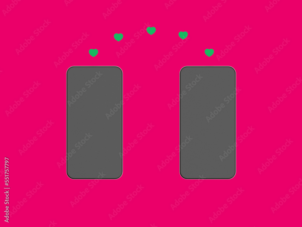 Sharing likes between friends. Two smartphones on a red background. Hearts are transferred from one gadget to another. Communication in social networks. Horizontal image. 3d image. 3d rendering Sharing likes between friends. Two smartphones on a red background. Hearts are transferred from one gadget to another. Communication in social networks. Horizontal image. 3d image. 3d rendering