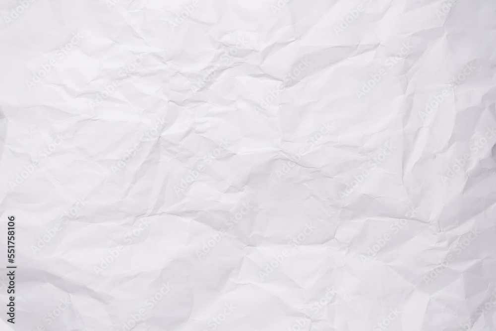 White crumpled paper texture background, clean white wrinkled paper, top view.