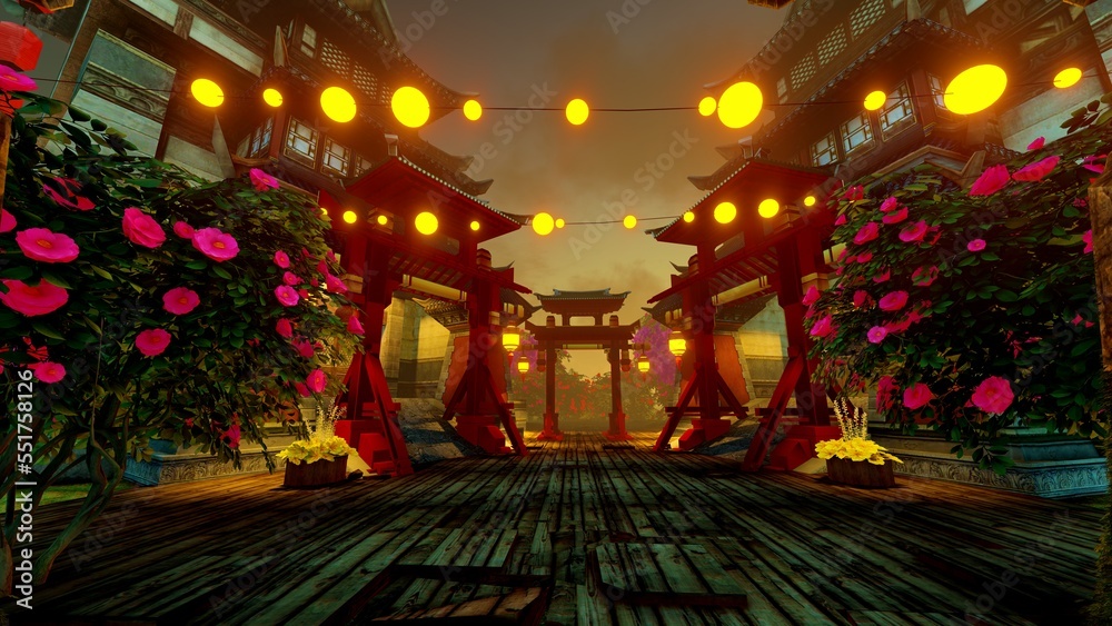 Courtyard in oriental style with bright lanterns
