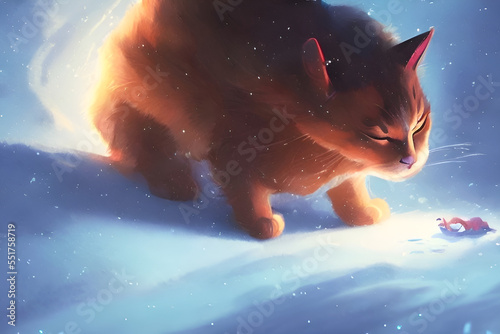 Generative AI gatto rosso nella tempesta di neve photo