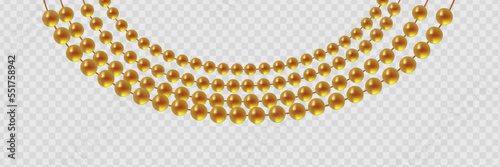 Gold beads on a white background. A beautiful chain of yellow color. Net beads are realistic. Decorative element from golden ball design