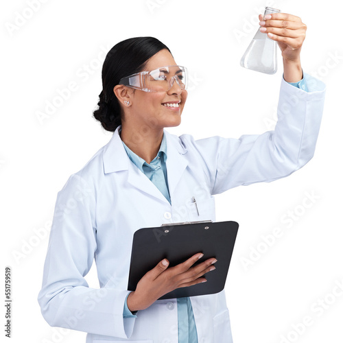 PNG of a cropped shot of an attractive young female scientist examining a beaker filled with liquid in studio against a grey background