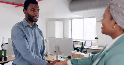 Black people, partnership and handshake, onboarding and meeting, success or agreement in business meeting with partner in business. Black man, black woman shaking hands, job networking and welcome. photo