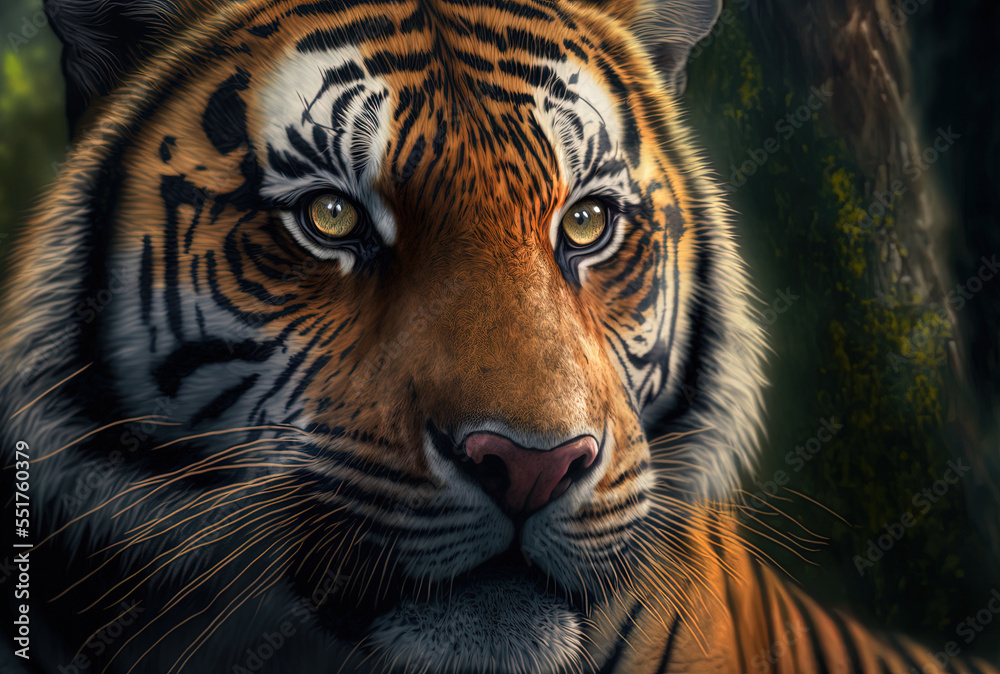 A tiger was captured in the wild and is shown in close up.. Generative AI