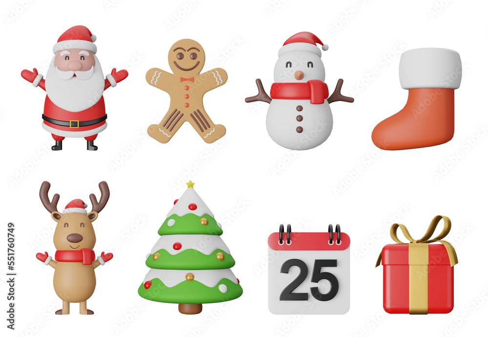 3d illustration Christmas icons set on white background