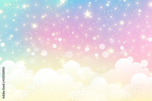 Rainbow unicorn background with clouds and stars. Pastel color sky. Magical pink landscape, abstract fabulous panorama. Cute candy wallpaper. Vector.
