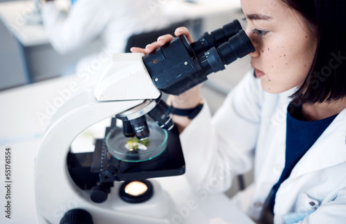 Tablou pe pânză Science, microscope and botanist with Petri dish analyzing plant sample for biological breakthrough