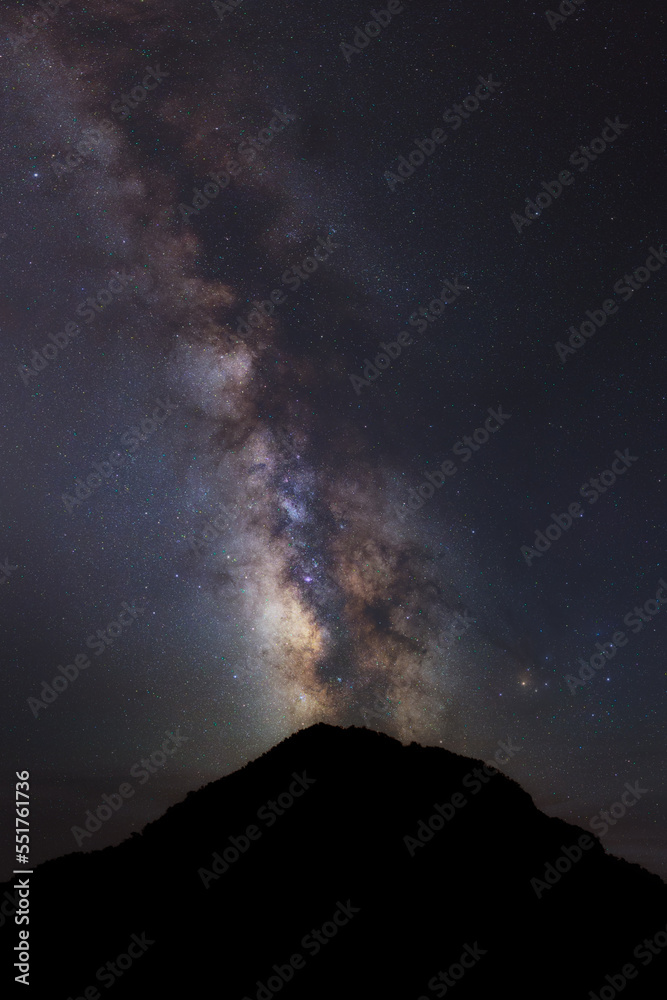mountain silhouette and blue night sky milky way and star on dark background. universe called,nebula and galaxy with noise and grain. 