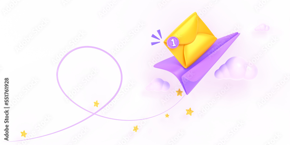 Email message service 3d render. Flying paper plane and mail envelope in sky with clouds and stars, unread message, web page for email marketing company, sending notifications icon. 3D illustration
