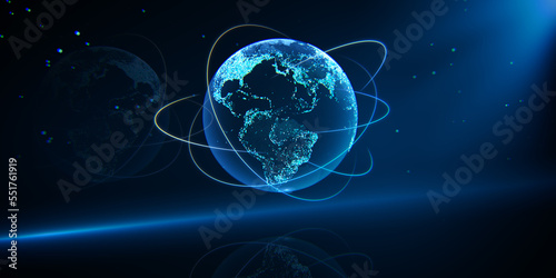 Fototapeta Naklejka Na Ścianę i Meble -  Creative glowing globe hologram on dark wallpaper. Technology, metaverse and digital map concept. 3D Rendering.