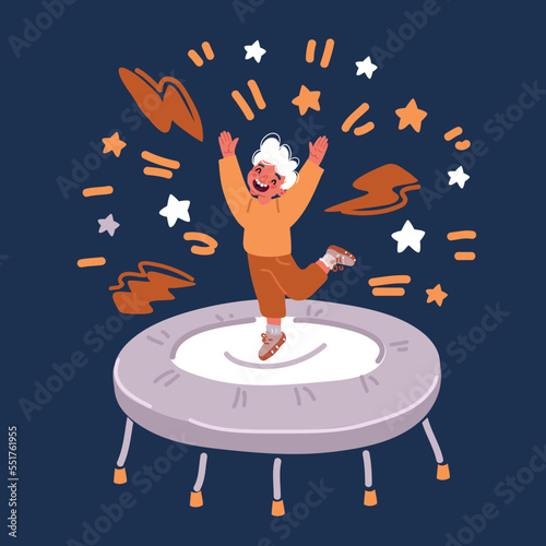 Cartoon vector illustration of happy cute kid smile jump on trampoline