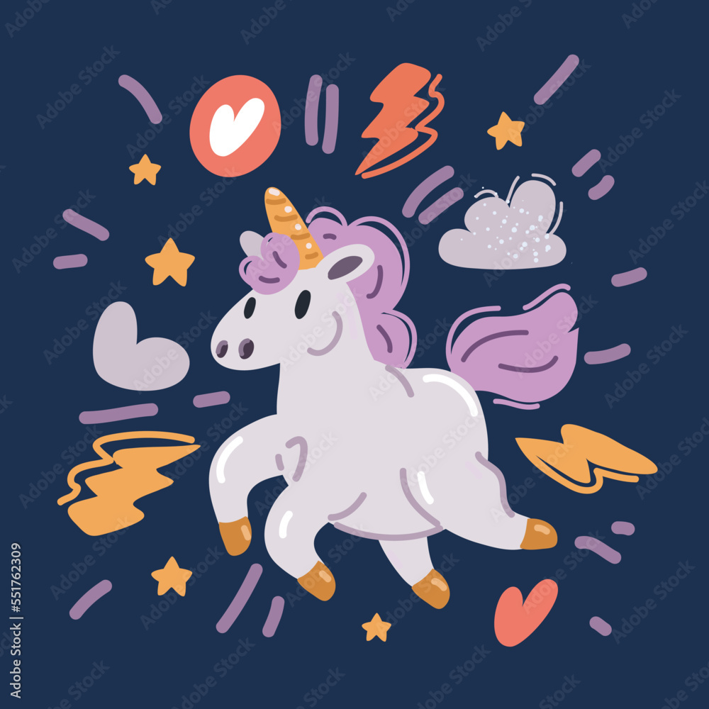 Cartoon vector illustration of Cute sweet pony unicorn and rainbow. Fairy character, cute, animals, horse.