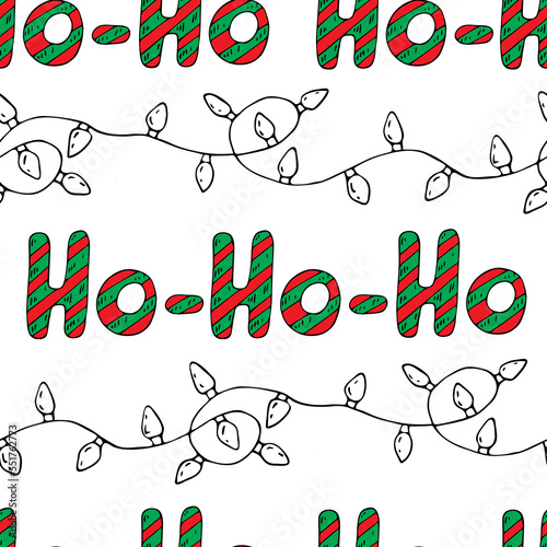 Christmas seamless pattern with garland and the inscription ho-ho-ho. Handmade vector Christmas pattern.