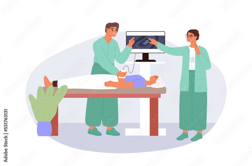 Nurse and doctor make ultrasound scan to woman patient. Female came to clinic for examination Nurse and doctor make ultrasound scan to woman patient. Female came to clinic for examination