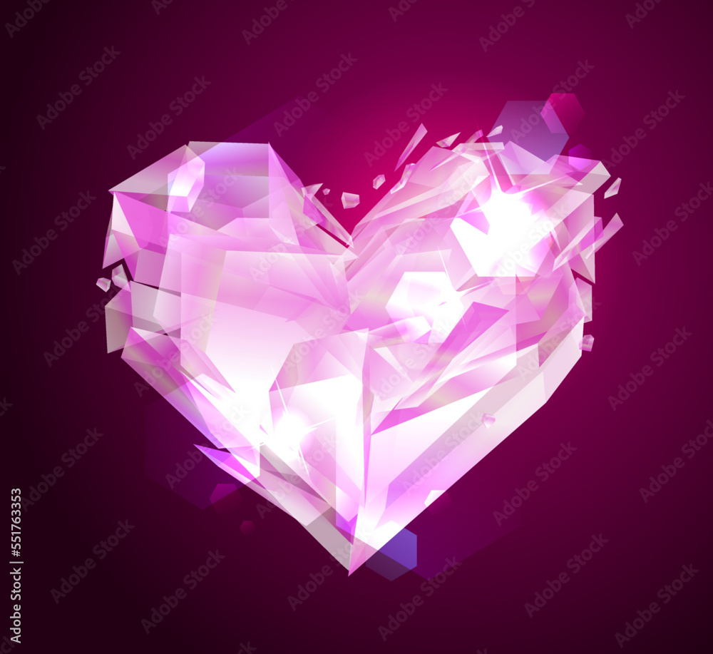 Pink diamond heart symbol, glass shards heart
