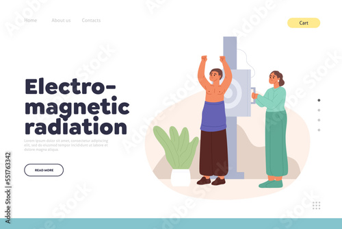 Electro magnetic radiation concept of landing page with fluorography lungs checkup procedure