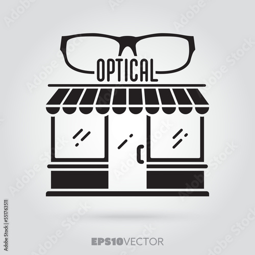 Optician shop glyph icon. Cute little opticals storefront symbol. Solid black EPS 10 vector shop building.