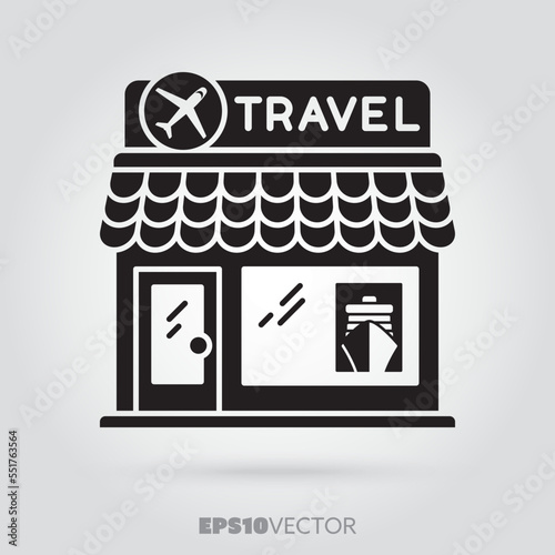 Travel agency shop glyph icon. Cute little travel agent office storefront symbol. Solid black EPS 10 vector shop building.