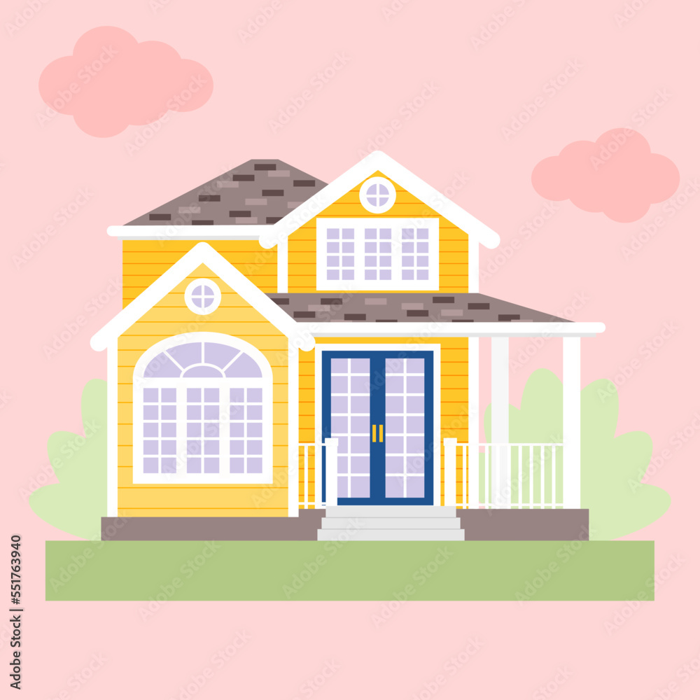 Yellow suburban two-storied house. Flat vector illustration.