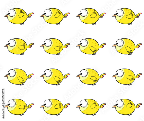 Photography 2D Round birds flying animation sheet.2D simple cartoon bird