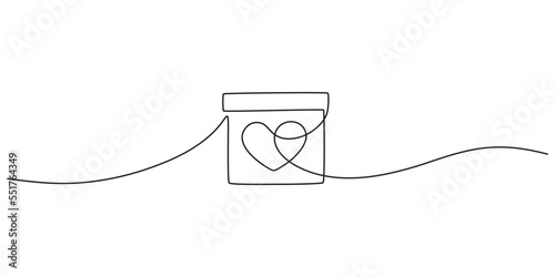 Gift box with heart of love, one line art continuous drawing. Present on Valentines day, birthday, other holiday. Single black outline. Vector illustration