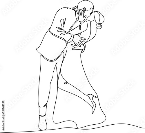 one continuous drawn line wedding drawn from the hand picture silhouette. line art. The characters of the bride and groom of the husband and wife are married