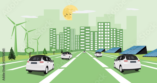 Simulate a city without pollution. Picture of an electric car heading into the city. with solar panels and wind turbines beside the road. Cartoon image EPS10 vector. 