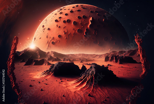 Mars is a red planet in space with craters and stars. concept wallpaper for space. Generative AI
