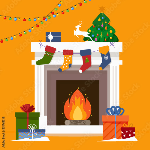 Christmas stocking on fireplace and gift boxes. Christmas long socks for Santa Claus presents. Christmas fireplace scene concept in flat design. Merry Christmas and Happy New Year. Winter holidays.