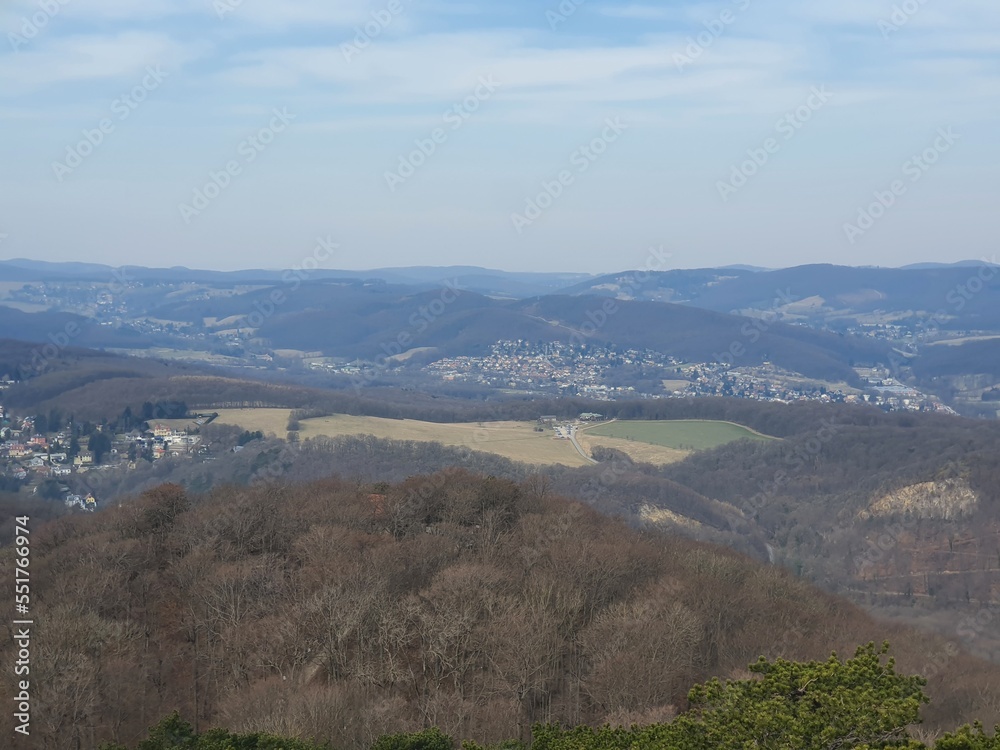 Wonderful wide panoramic view from Giesshuebl in Lower Austria into the valley: Wiener Becken, Moedling, Baden. 