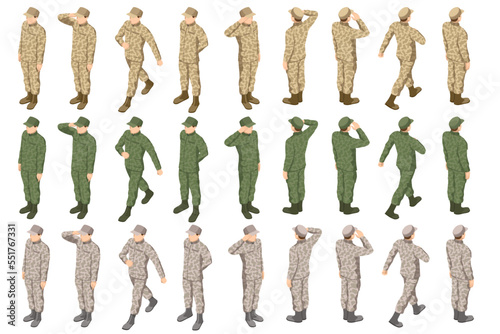 Isometric soldier in camouflage, uniform. Soldiers with assault rifles isolated on white background Special force crew. Military concept for army, soldiers and war.