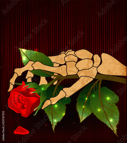 Anti Valentines day card,  Skeleton holding a flower rose, vector illustration