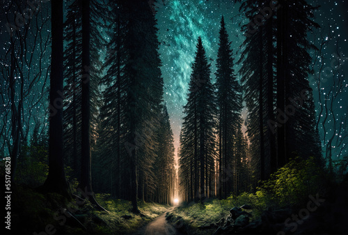 a path through a forest of evergreen trees and a starry sky. Generative AI